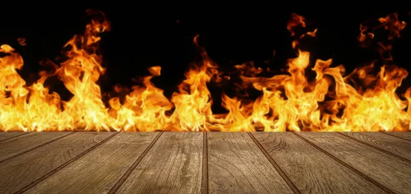 Wood top divides 1 to 2 parts on Fire flames blurred on black ba — Stock Photo, Image