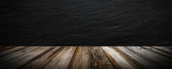 Black Stone Wall Background Wood Table — Stock Photo, Image