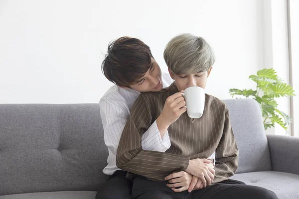 Hbtq Koncept Unga Asiatiska Homosexuella Par Glada Leende — Stockfoto