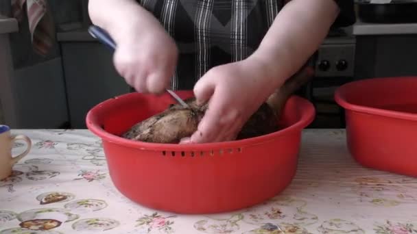 Cozinheiro Prepara Ganso Para Mesa Natal Conceito Alimentar Saudável — Vídeo de Stock