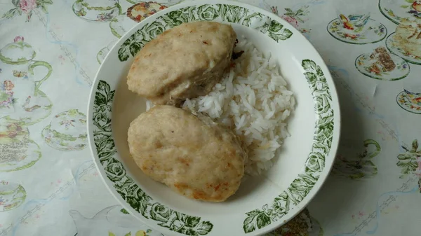 Costeletas Frango Com Arroz Lado — Fotografia de Stock