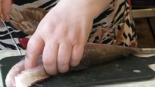 Kok Reinigt Rauwe Vis Met Een Mes — Stockvideo