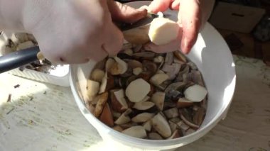 Bir kadın mantarları bıçakla temizler. Sağlıklı yeme kavramı
