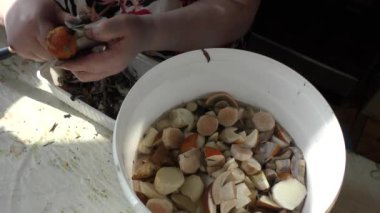 Bir kadın mantarları bıçakla temizler.