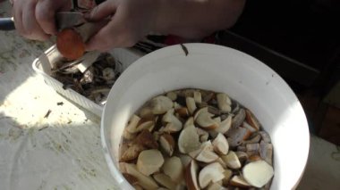 Bir kadın mantarları bıçakla temizler.