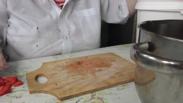 Μια Γυναίκα Κόβει Ντομάτες Μαχαίρι — Αρχείο Βίντεο