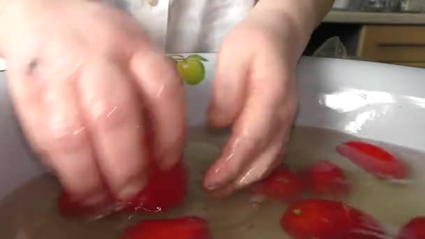 Cocinero Lava Agua Los Tomates Rojos — Vídeos de Stock