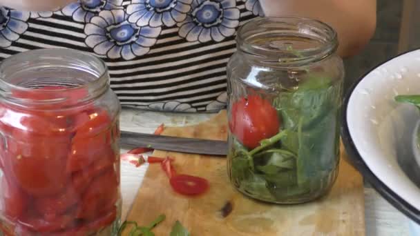Chef Femenino Conserva Tomates Rojos — Vídeos de Stock