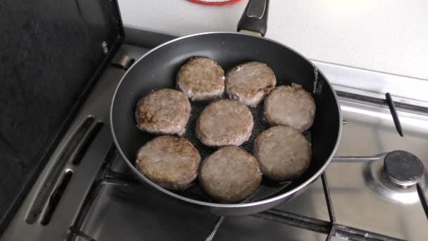 Cook Roasts Meat Cutlets Frying Pan — Stock Video