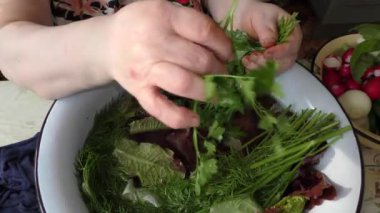 Kadın şef sebze salatası hazırlıyor.