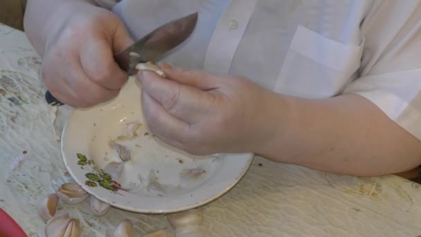 Cuisinier Nettoie Ail Concept Alimentation Saine — Video