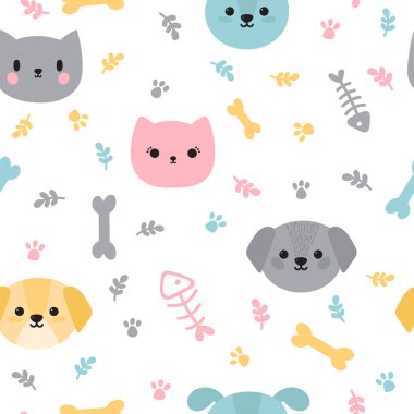Sevimli küçük kukla ve yavru kedi ile çocukça seamless modeli. Modern arka plan karikatür köpek ve kedi ile. Çocuk odası dekorasyon, kağıt ambalaj. Vektör çizim