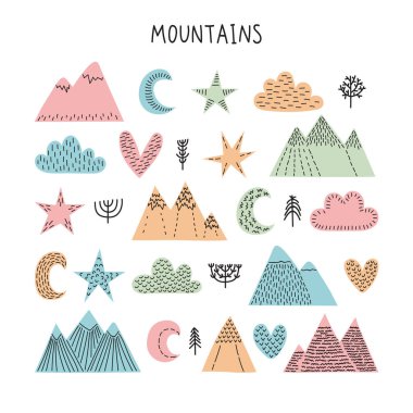 Elle çizilmiş orman nesneleri. Ağaçları, yıldızları, bulutları ve dağları olan yaratıcı İskandinav ormanları. Vektör illüstrasyonu