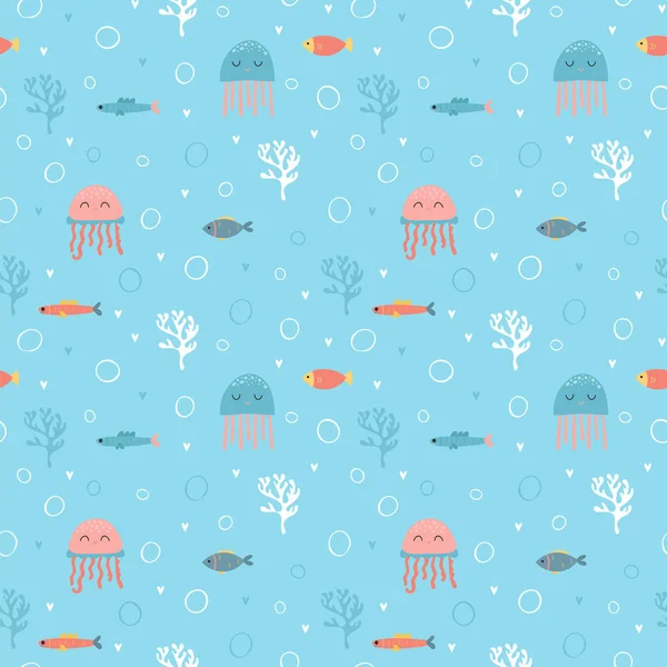 Dětské Bezešvé Vzor Roztomilý Ručně Kreslenou Ryby Jellyfishes Stylu Doodle — Stockový vektor