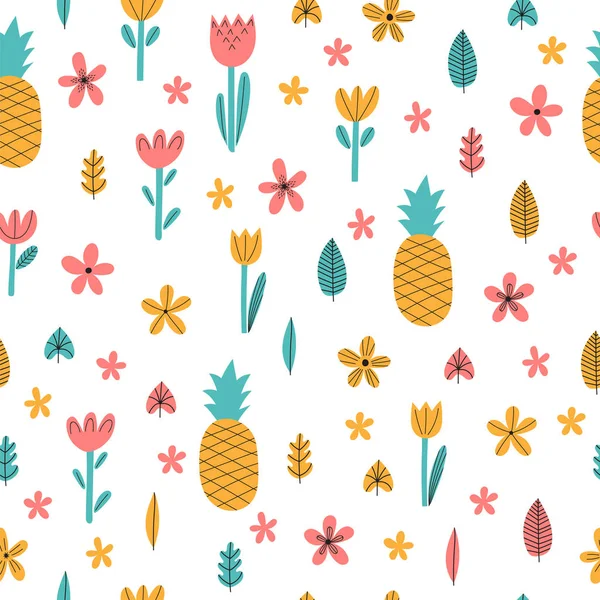 花とパイナップルの手描き夏シームレス パターン かわいい熱帯っぽい背景 スタイリッシュな装飾的な要素 ベクトル図 — ストックベクタ