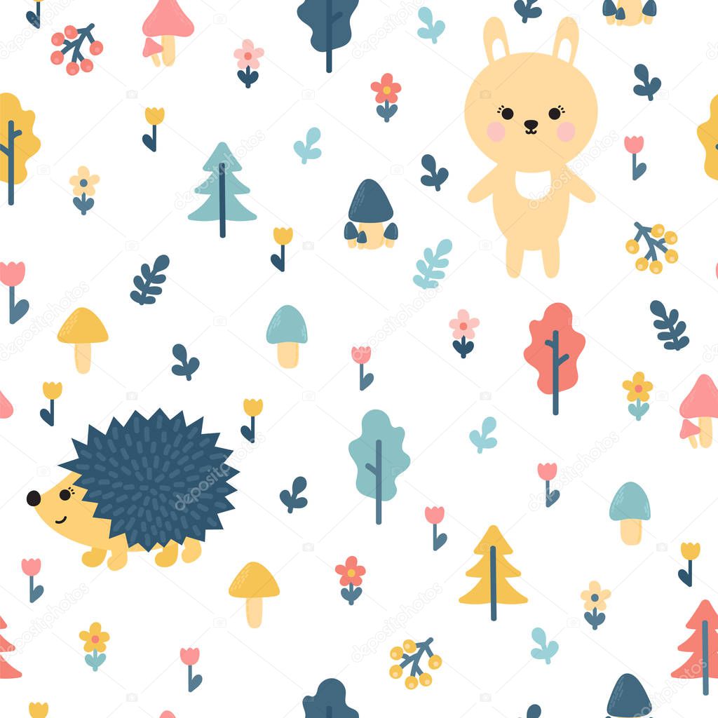 Hand drawn seamless pattern with bunny and hedgehog. Wrapping paper. Stylish doodle forest. Background for your design. Vector illustration