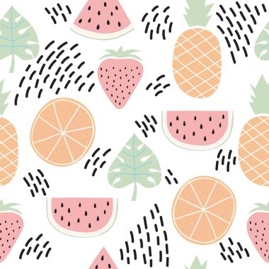 Tropikal meyve ve yaprakları ile renkli seamless modeli. Sevimli yaz arka plan. Yaratıcı doku. Vektör çizim