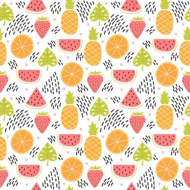 El çekilmiş renkli seamless modeli tropikal meyve ve yaprakları ile. Sevimli yaz arka plan. Yaratıcı doku. Vektör çizim