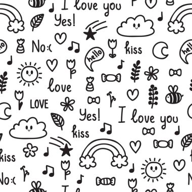 El aşk konulu çizilmiş seamless modeli. Doodle, eskiz. Valentine ve düğün için tasarım. Şirin arka plan. Vektör çizim