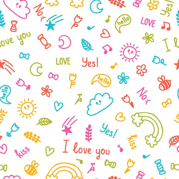 Hintergrund Für Süße Kleine Kinder Handgezeichnete Kinderzeichnungen Färben Nahtlose Muster — Stockvektor