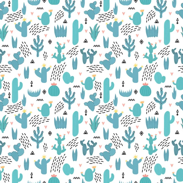 Lindo Patrón Sin Costuras Con Cactus Suculentas Flores Dibujadas Mano — Vector de stock