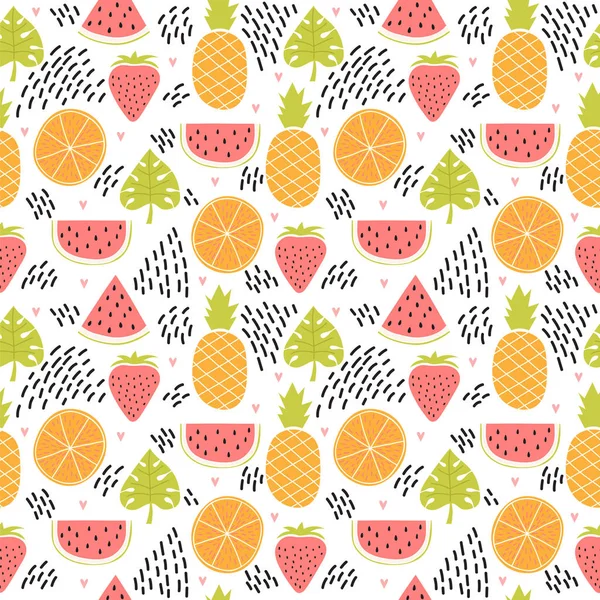 手绘五颜六色的无缝图案与热带水果和树叶 可爱的夏天背景 创意质感 矢量插图 — 图库矢量图片