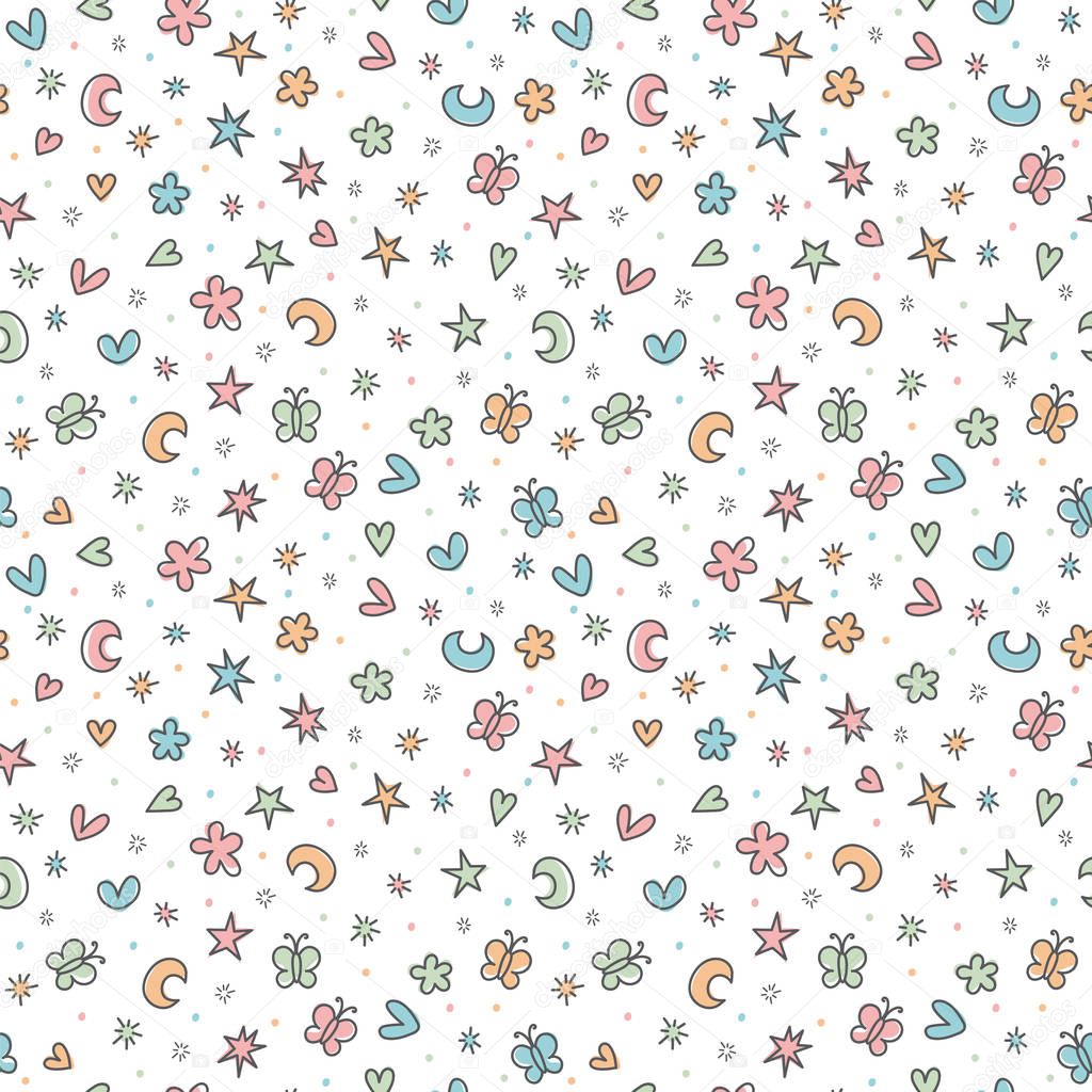 Cute seamless pattern with hand drawn cartoon elements for kids. Great for birthday, fabric, textile, cards. Background in scandinavian style. Vector illustration
