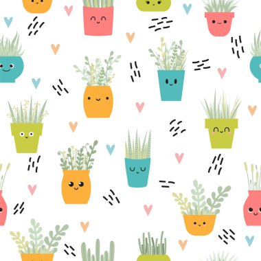 Karanfiller tencere ile şirin seamless modeli. Tasarımınız için çiçek arka plan. Vektör çizim