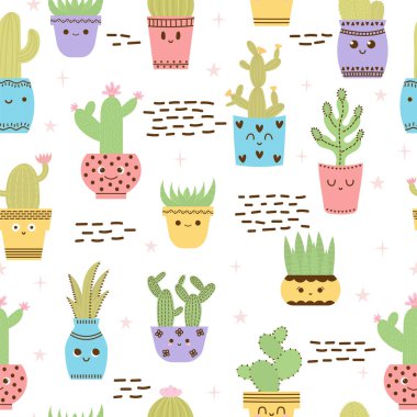 Tencere çizilmiş çiçekler kaktüsler ve succulents, şirin seamless modeli ver. İskandinav tarzı çizgi film bitkiler ile arka planda. Vektör çizim