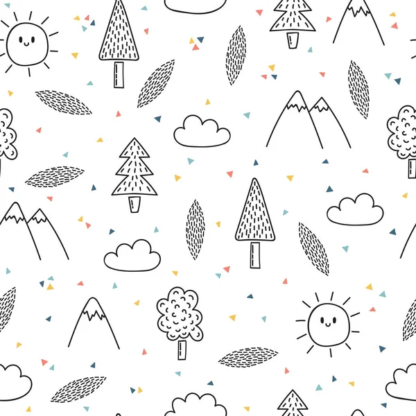 Patrón Sin Costura Dibujado Mano Con Árboles Montañas Fondo Bosque — Archivo Imágenes Vectoriales