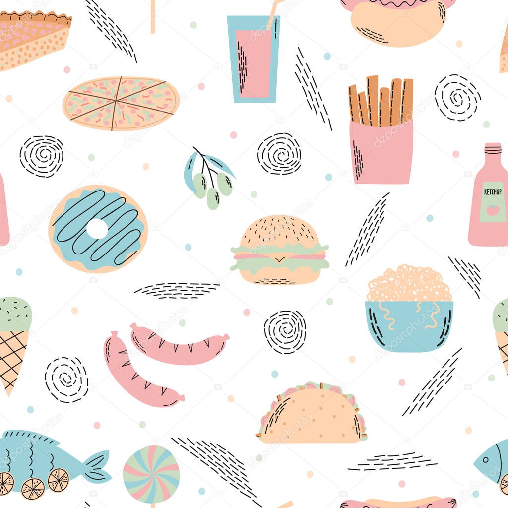 Fast food seamless pattern. Background for menu, poster or recipe. Restaurant. Vector illustration
