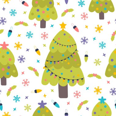 Noel ağaçları, kar taneleri ve çelenk ile Seamless modeli. Renkli tasarım öğeleri ile şirin arka plan. Yeni Yılınız Kutlu Olsun. Kış tatili. Vektör çizim