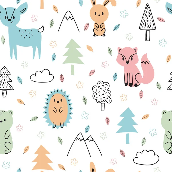 Patrón Infantil Sin Costuras Con Lindos Animales Forestales Dibujados Mano — Vector de stock