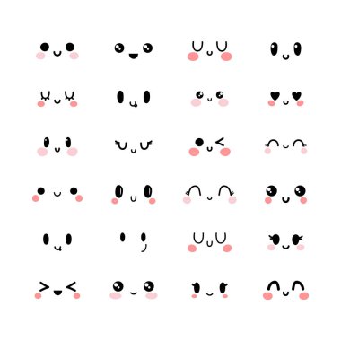Duygusal şirin yüzleri kawaii tarzı. Mutlu duygular. Emoji simgeler. Komik ve güzel kawaii ifade yüzler kümesi. Gülümse. Vektör çizim