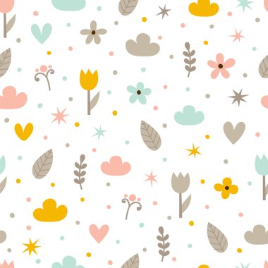 Çiçekler, yıldız, kalp, bulutlar ile seamless modeli el çekilmiş. Yaratıcı trendy arka plan. Modern şık doku. Büyük doğum günü, kumaş, kumaş, kartlar, kaydırma için. Vektör çizim