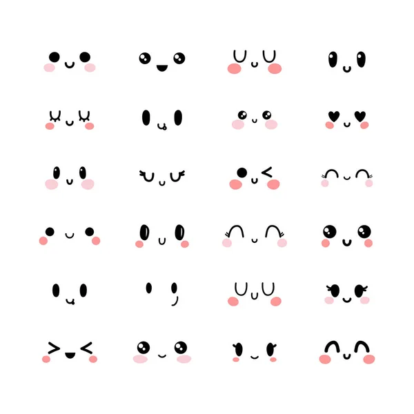 Känslomässiga Söta Ansikten Kawaii Stil Lyckliga Känslor Emoji Ikoner Uppsättning — Stock vektor