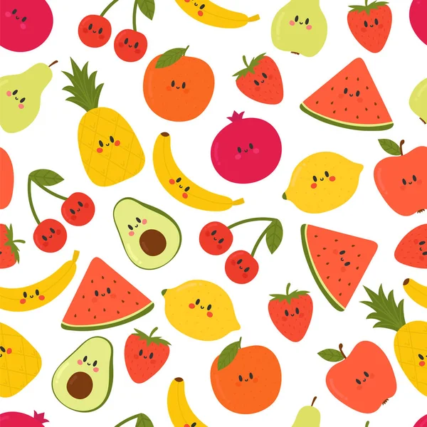 Lindo Patrón Sin Costuras Con Frutas Dibujos Animados Kawaii Fondo — Archivo Imágenes Vectoriales