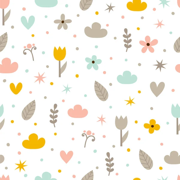 Handgezeichnetes Nahtloses Muster Mit Blumen Sternen Herzen Und Wolken Kreative — Stockvektor