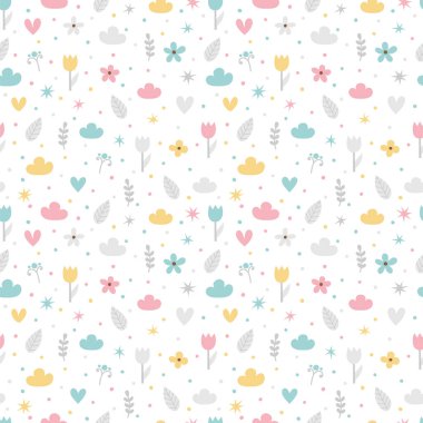 Çiçekler, yıldızlar, kalpler ve bulutlar ile el çizilmiş dikişsiz desen. Modern şık doku. Doğum günü, kumaş, tekstil, kartlar, sarma için büyük