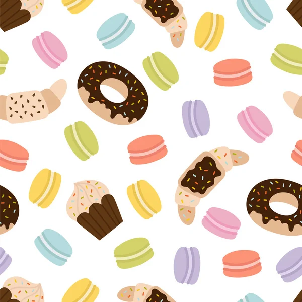 Cute seamless pattern with french macaroons, croissants and donuts. Hand drawn background with sweet delicious desserts. Fresh bakery — Stock Vector