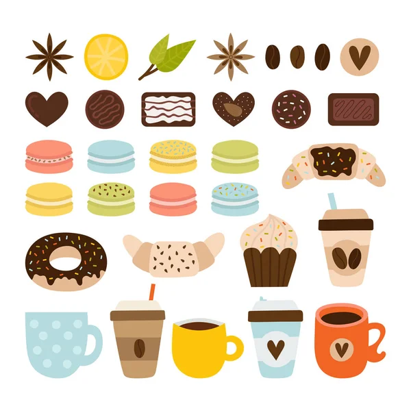 Raccolta di caffè e tè. Icone della caffetteria. Set di simboli del tè, oggetti ed elementi. Macaron, cioccolato, croissant, ciambella — Vettoriale Stock