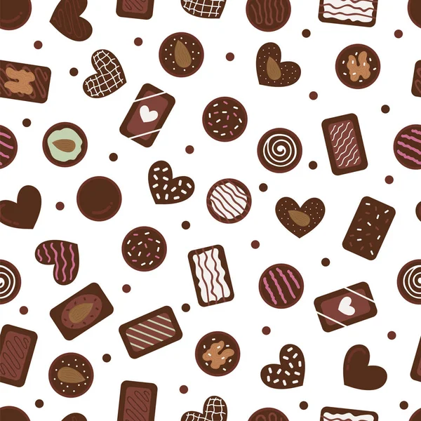 Lindo patrón sin costuras con caramelos de chocolate dibujados a mano. Fondo dulce de dibujos animados. Surtido de carne dulce. Postres de comida — Vector de stock