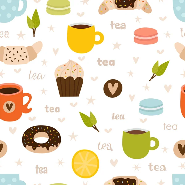 Modello senza cuciture di tè disegnato a mano. Set di simboli tea party, oggetti ed elementi. Carino e divertente sfondo — Vettoriale Stock