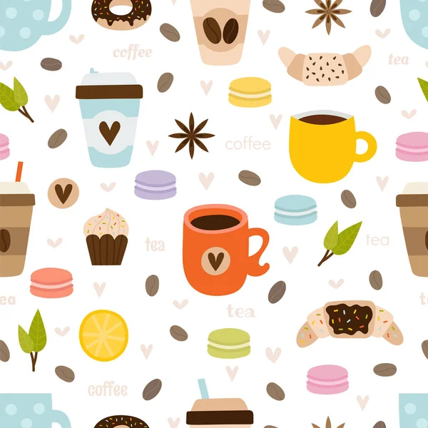El çizilmiş kahve ve çay dikişsiz desen. Mutfak araçları, semboller, nesneler ve unsurlar kümesi. Sevimli ve komik arka plan — Stok Vektör