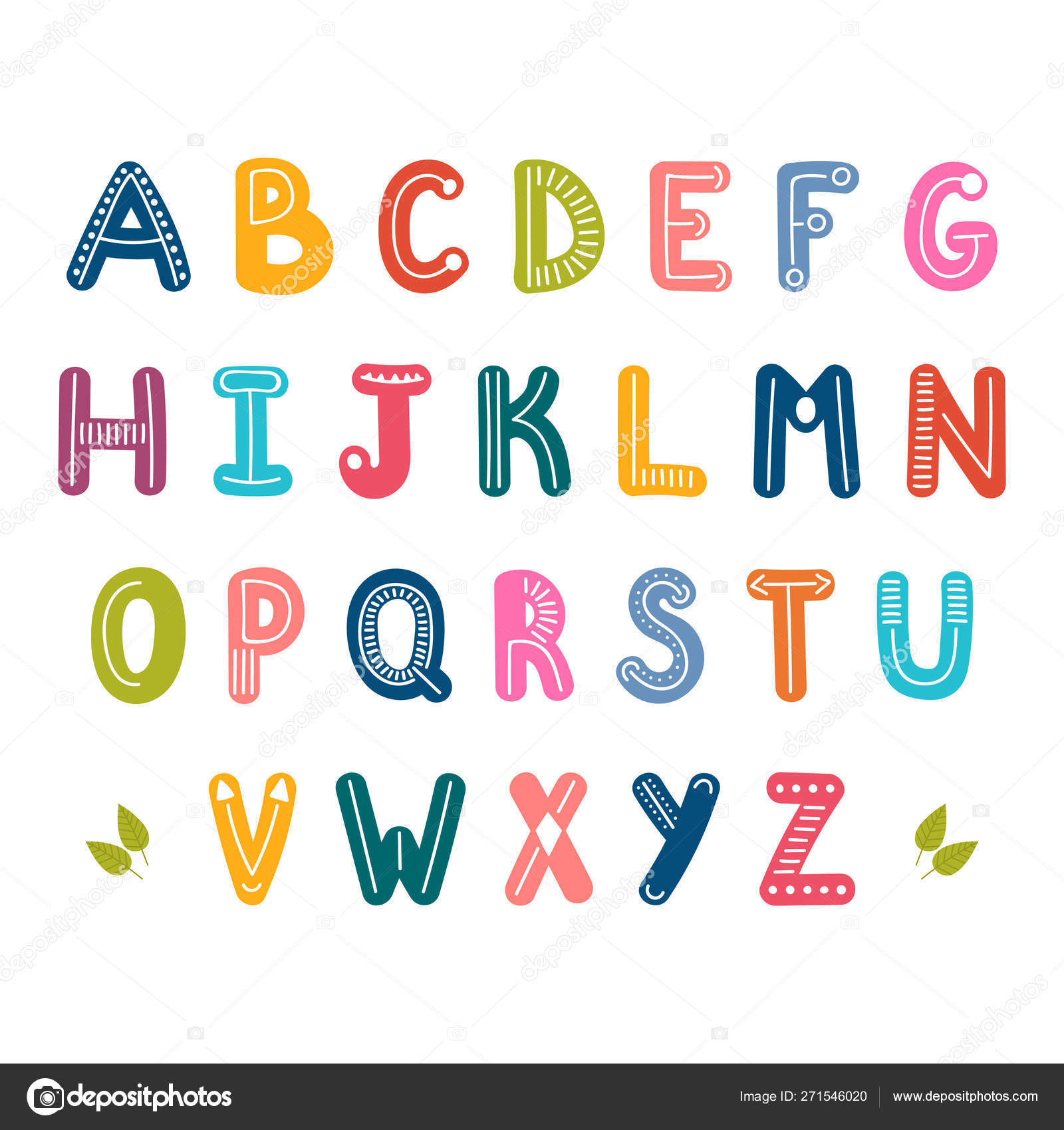 Hand drawn English alphabet. Cute letters with decoration elements