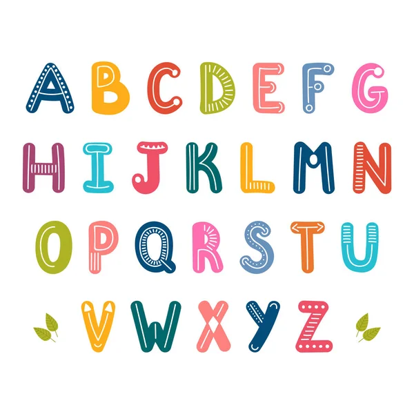 Alphabet anglais dessiné à la main. Mignonnes lettres avec des éléments de décoration. Fonte colorée — Image vectorielle