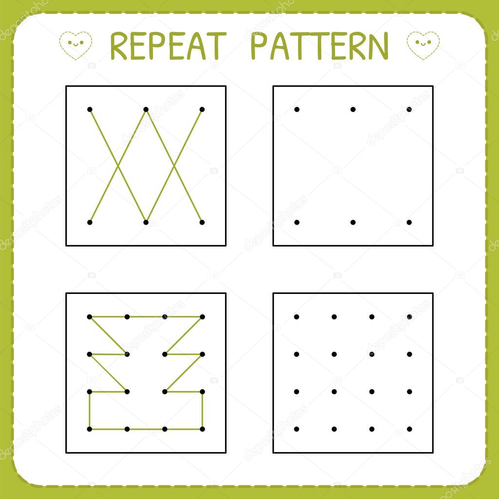 Kindergarten educational game for kids. Repeat pattern. Working pages for children. Preschool worksheet for practicing motor skills