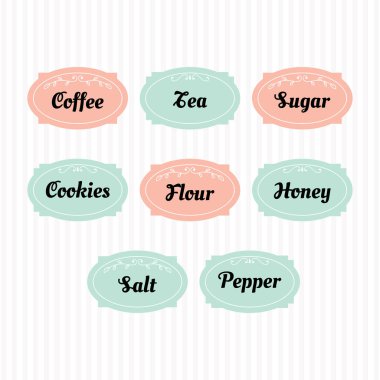 Yiyecek depolama etiketleri. Mutfak kapları ya da kavanozlar için mutfak etiketleri koleksiyonu. Şeker, tuz, kahve, çay. Vektör illüstrasyonu