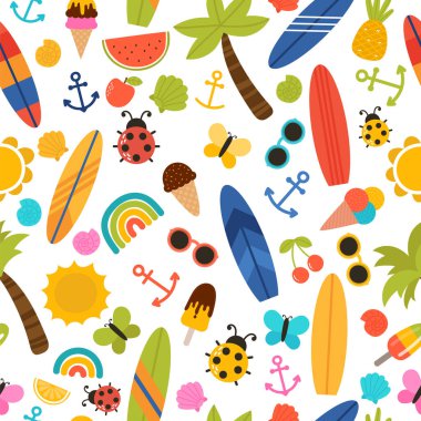 Sörf tahtaları, palmiye ağaçları, çapalar, güneş gözlükleri ve deniz kabuklarıyla kusursuz yaz deseni. Kumaş, tekstil ya da ambalaj kağıdı için tasarlanmış. Vektör illüstrasyonu