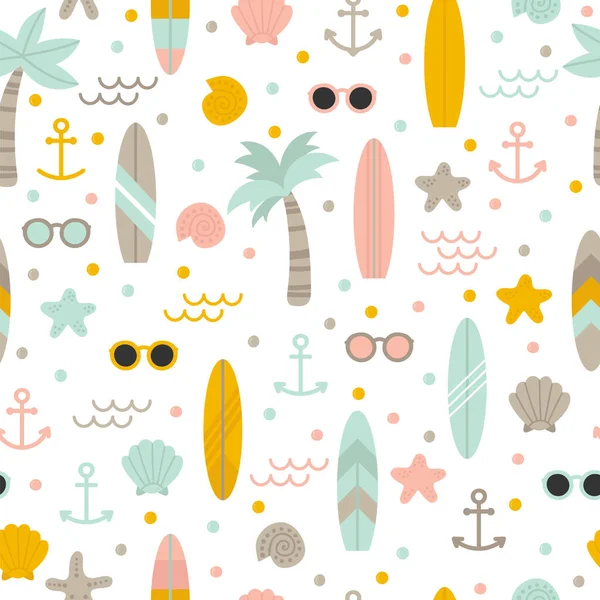 Motif Estival Sans Couture Avec Planches Surf Palmiers Ancres Lunettes — Image vectorielle